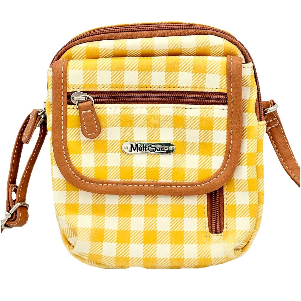 MultiSac Everest Yellow Gingham Vegan Leather Tan Trim Adjustable Crossbody